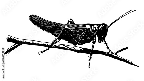 The grasshopper perches on a twig, its antennae twitching as it senses its environment, Animal Illustration