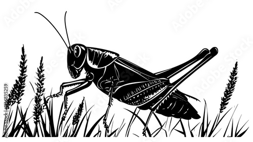 The grasshopper crouches at the base of a plant, body low to the ground, Animal Illustration