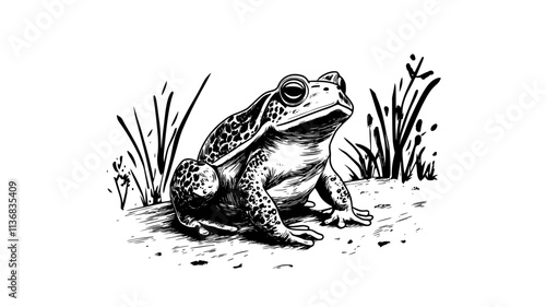 Toad sitting on concrete path in suburban backyard, Animal Illustration