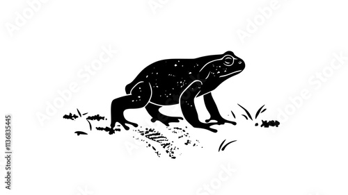 Toad walking slowly across a forest floor covered in fallen leaves and small twigs, Animal Illustration