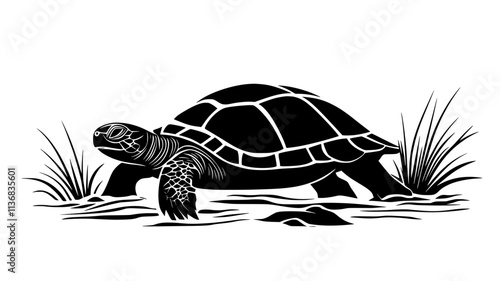 Turtle crawling toward water, with its legs moving steadily over uneven terrain, Animal Illustration