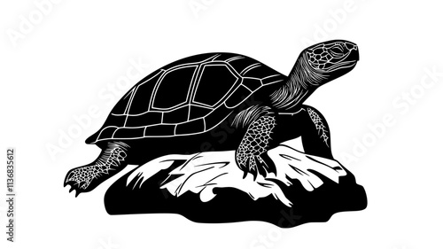 Turtle sitting on a flat rock, its head and legs extended outward from its shell, Animal Illustration