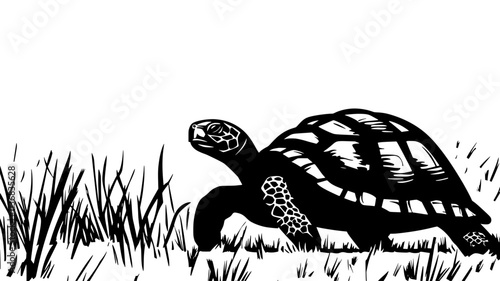 Turtle moving across a wide open plain, shell moving steadily forward, Animal Illustration