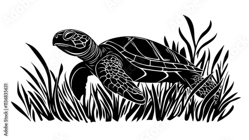 Turtle navigating through a seagrass bed in shallow water, Animal Illustration