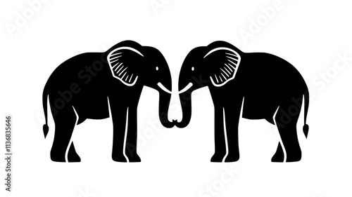 Two elephants standing close, trunks touching in interaction, Animal Illustration