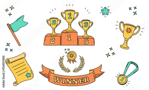 Doodle style champion awards set. Hand drawn sports trophies. Winner element icons