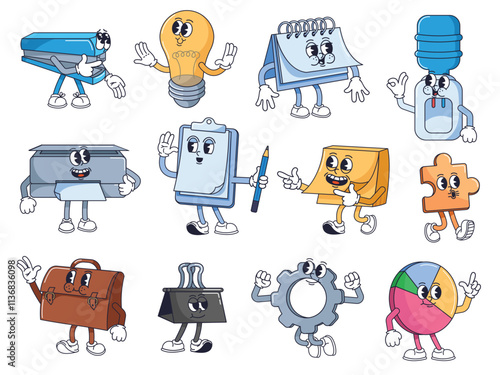 Retro cartoon office characters. Playful stapler, idea lamp, calendar, water cooler, printer, clipboard, sticky notes, puzzle piece, paper clip, gear and pie chart mascots vector illustrations set.