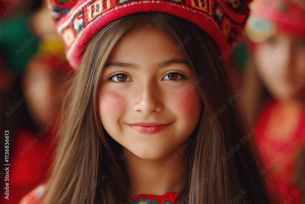 Fototapeta premium Young girl wearing traditional attire smiles brightly during cultural celebration in Peru