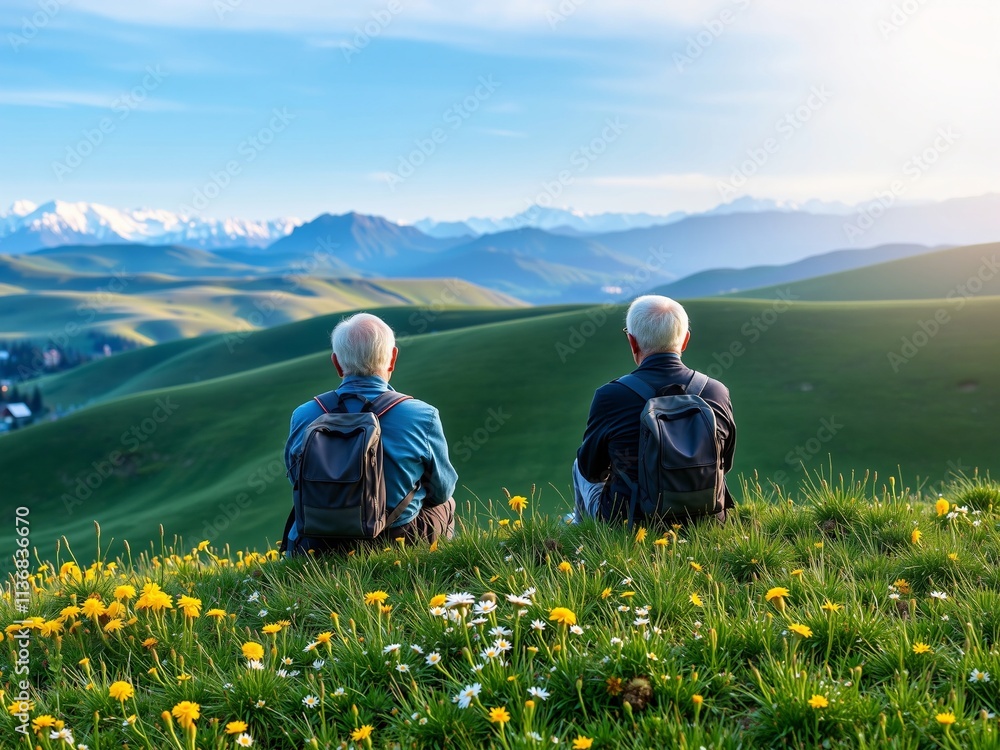 Fototapeta premium Peaceful Elderly Retirees Enjoying Scenic Mountain View at Sunset