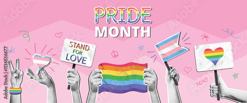 Pride Month collage. Mixed media LGBTQ banner with rainbow flags, heart symbols and supportive placards in halftone hands. Celebrating love and equality vector illustration.