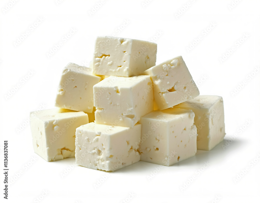 Feta, Greek cheese cubes, isolated on white background Feta, Greek cheese cubes, isolated on white background