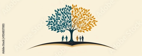 Family symbols beneath a colorful tree representing growth and unity