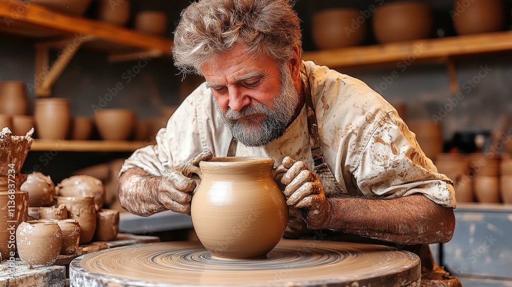 Potter shaping a giant clay mug clay spinning on potter's wheel Isolated solo on plain background Potter shaping a giant clay mug clay spinning on potter's wheel Isolated solo on plain background