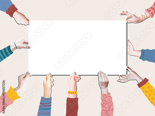 Hands holding blank poster. Mixed media collage with halftone hands and blank sign. Collaboration, teamwork and communication concept frame template vector illustration.