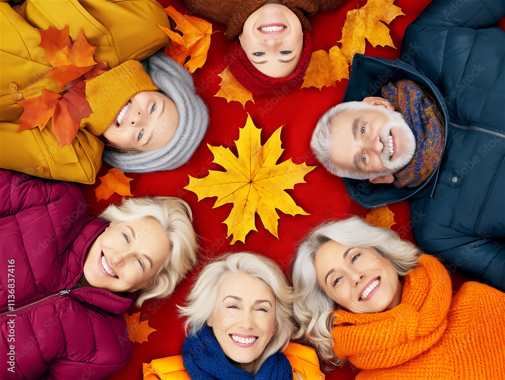 A group of happy elderly people lying on the ground with colorful autumn leaves around them, smiling and enjoying a moment of togetherness and joy. A group of happy elderly people lying on the ground with colorful autumn leaves around them, smiling and enjoying a moment of togetherness and joy.