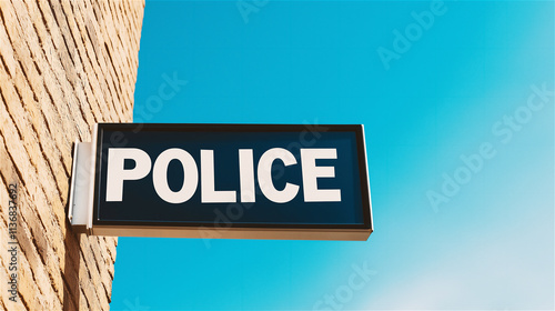 A police station sign mounted on a brick wall with a clear blue sky in the background. Ideal for themes of authority, safety, and law enforcement.