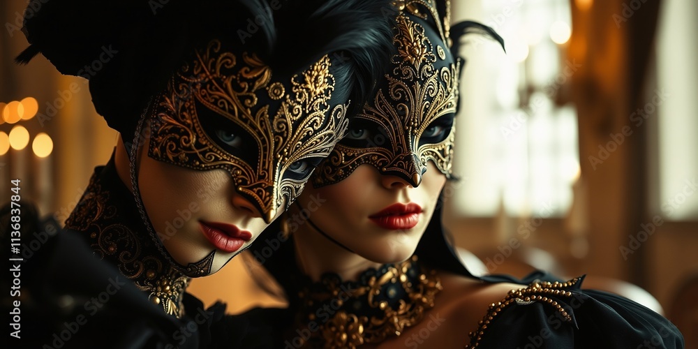 Elegant Masquerade Ball: Two Women in Intricately Designed Masks with Glamorous Outfits Elegant Masquerade Ball: Two Women in Intricately Designed Masks with Glamorous Outfits