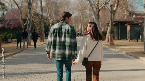 Wallpaper Mural Happy young couple man and woman walking holding hands on the street, back view Torontodigital.ca