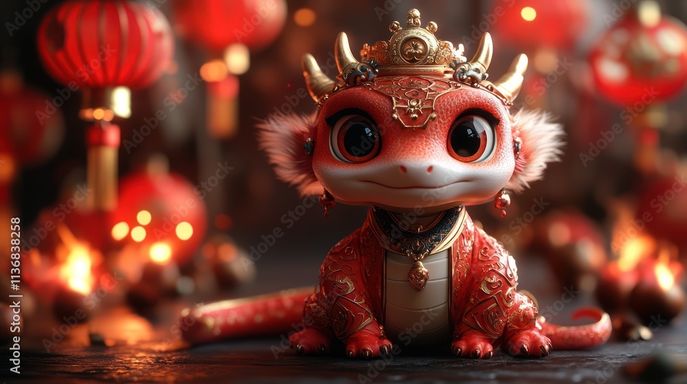 Adorable cartoon dragon wearing a golden crown and red ornate clothing, surrounded by red lanterns. Adorable cartoon dragon wearing a golden crown and red ornate clothing, surrounded by red lanterns.