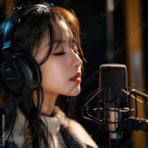 A captivating image of a singer in a studio setting, passionately delivering a vocal performance with professional equipment.