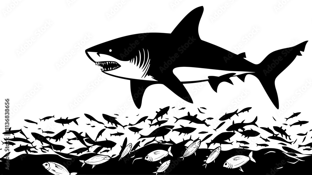 Fototapeta premium Shark approaching a bait ball of fish in the open ocean, Animal Vector Graphic