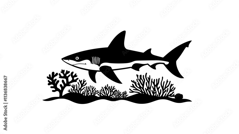 Fototapeta premium Shark swimming just above ocean floor, tail propelling it forward, Animal Vector Graphic