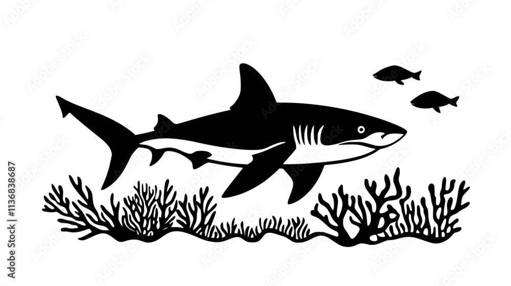 Obraz premium Shark swimming near a coral reef with remora attached, Animal Vector Graphic