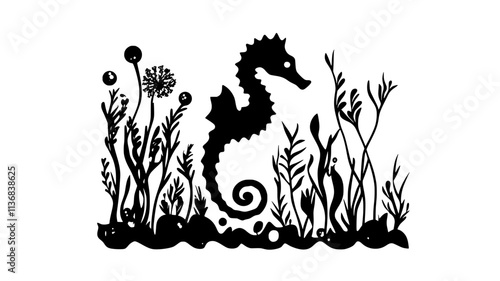 Seahorse hitching a ride on floating seaweed, Animal Vector Graphic