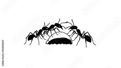 Several ants gather around a piece of food, working together to transport it, Animal Vector Graphic