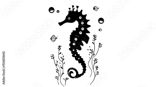 Seahorse swimming vertically in the water column, Animal Vector Graphic