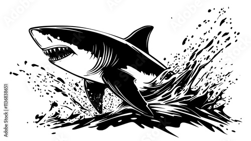 Shark breaching the water surface to catch prey, Animal Vector Graphic