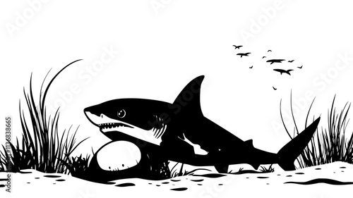 Shark pup emerging from egg case on the sea floor, Animal Vector Graphic