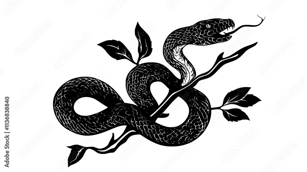 Obraz premium Snake coiled on a branch with its head raised and tongue flicking outward, Animal Vector Graphic