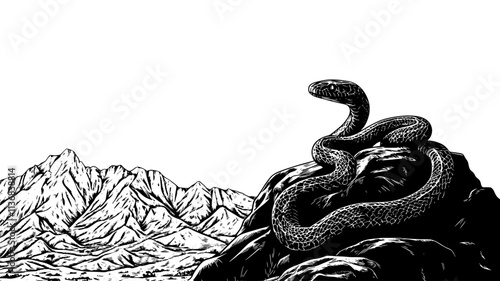 Snake basking on a sun-warmed rock in mountainous terrain, Animal Vector Graphic