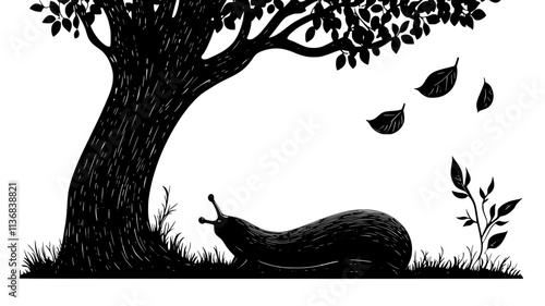 A slug rests at the base of a tree trunk, its body extended along the bark, Animal Vector Graphic