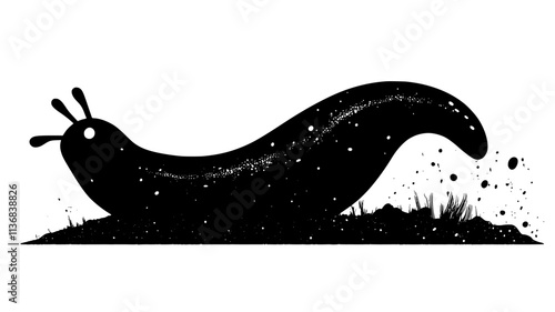 A slug explores a patch of damp earth, navigating around small obstacles, Animal Vector Graphic