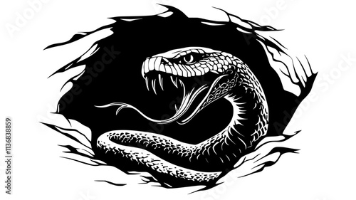 Snake flicking tongue to sense surroundings in a cave, Animal Vector Graphic