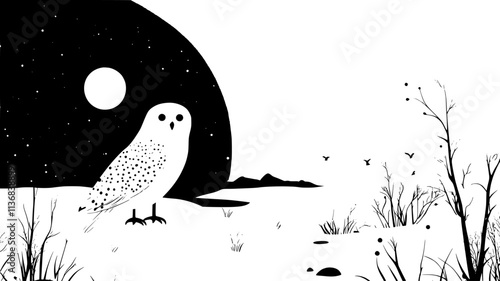 Snowy owl camouflaged against the arctic tundra landscape, Animal Vector Graphic