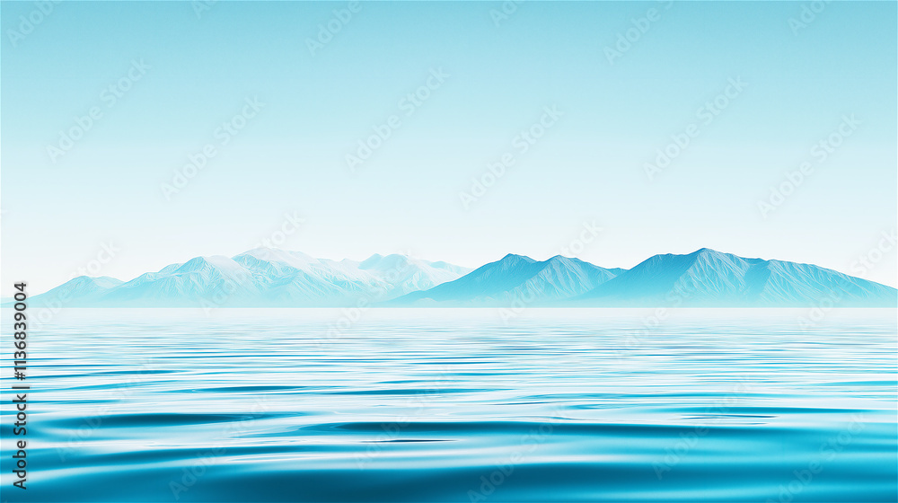 Serene image of a calm sea with mountains in the distance under a soft blue sky, evoking tranquility and natural beauty. Serene image of a calm sea with mountains in the distance under a soft blue sky, evoking tranquility and natural beauty.