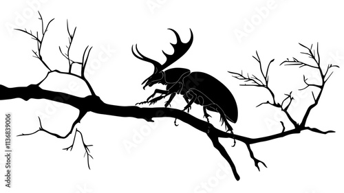 Stag beetle with enlarged mandibles grasping a tree branch, Animal Vector Graphic