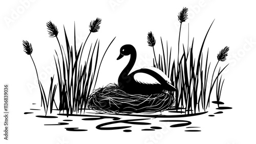 Swan building a large nest platform of reeds in a marsh, Animal Vector Graphic