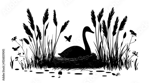 Swan building a large nest platform of reeds in a marsh, Animal Vector Graphic