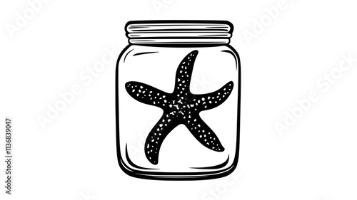 Starfish specimen preserved in a jar of fluid for scientific study, Animal Vector Graphic