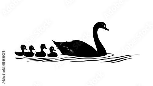 Swan floats beside a group of ducks, moving slowly across the water, Animal Vector Graphic