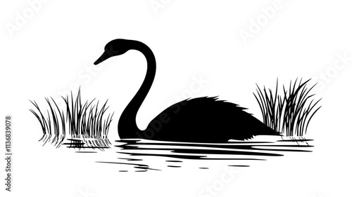 Swan using long neck to forage underwater for plants, Animal Vector Graphic