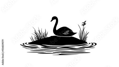 Swan swims in a circle around a small island, staying close to the shoreline, Animal Vector Graphic