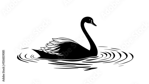 Swan swims toward the shore, its long neck leading the way, Animal Vector Graphic