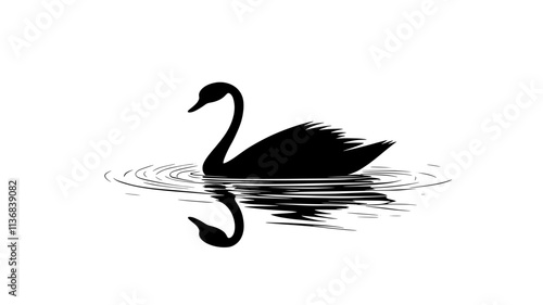 Swan gliding across still lake leaving v-shaped wake, Animal Vector Graphic
