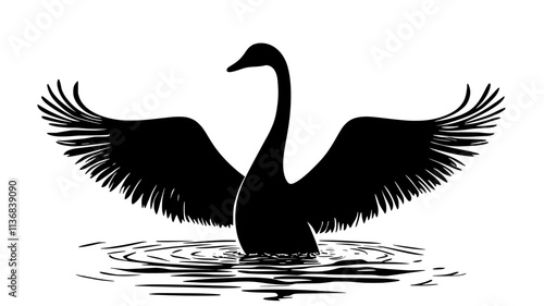Swan stretching wings wide while standing on the shore, Animal Vector Graphic