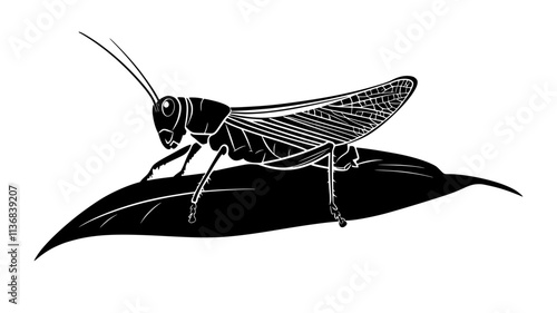 The grasshopper lands on a leaf, its long legs tucked beneath its body, Animal Vector Graphic